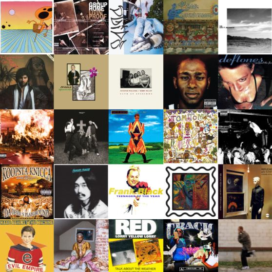going from top left to right we have:

- Emergency & I - Dismemberment Plan
- Livin' Proof - Group Home
- Slide - George Clanton
- Moving Targets - Flo & Eddie
- DIRT (feat. JPEGMAFIA) - Y2K
- On the Nile - The Egyptian Lover
- Tighten the Reins - Puzzle
- 25th st Sessions - Antonio Williams
- Black On Both Sides - Mos Def
- Around the Fur - Deftones
- Extinction Level Event: The Final World Front - Busta Rhymes
- BetterOffDead - Flatbush Zombies
- Earthling (Expanded Edition) - David Bowie
- Tom Tom Club - Tom Tom Club
- Die Lit - Playboi Carti
- Da Devil's Playground - Koopsta Knicca
- Hosono House - Haruomi Hosono
- Teenager of the Year - Frank Black
- Anything in Return - Toro y Moi
- Replicas Redux - Gary Numan
- Evil Empire - Rage Against The Machine
- All My Heroes Are Cornballs - JPEGMAFIA
- Talk About the Weather / Paint Your Wagon - Red Lorry Yellow Lorry
- Crack Therapy 3 - RXKNephew
- If I Could Hold Your Soul - Cities Aviv