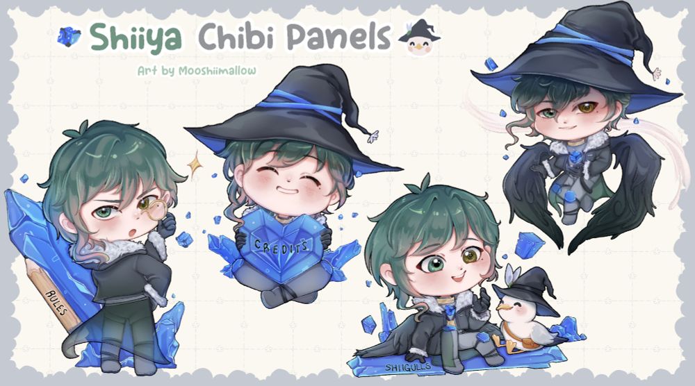 A set of Chibi Panels done by Mooshiimallow (@mooshiimallow.bsky.social).

From Left to Right:
- Shiiya Looking back with his left hand on his monocle with a serious expression. He is standing in front of a crystal that has a pencil attached to it that says "Rules"

- Shiiya sitting crossed leg with a heart shaped crystal in his lap that says "Credits". He wears a very happy expression on his face.

- Shiiya sitting on the ground while talking to a Shiigull. On the bottom left on the crystal ground it says "Shiigulls"

- Shiiya floating in the air with his wings manifested with a smug expression on his face