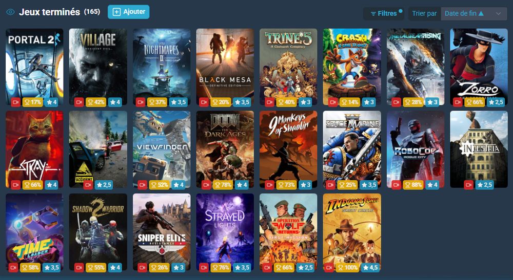 Capture d'écran des jeux vidéo en cours enregistrés sur mon compte Gamelog. On peut y voir une liste de 22 jeux vidéo que j'ai joué et terminé pour l'année 2025. La liste des jeux est la suivante:
-Indiana Jones et le Cercle Ancien
-Strayed Lights 
-Sniper Elite: Resistance 
-Shadow Warrior 2
-Time Loader
-Industria
-Murdered: Soul Suspect
-Robocop: Rogue City
-Warhammer 40K: Space Marine II
-9 Monkeys of Shaolin 
-Doom: The Dark Ages
-Viewfinder 
-Accident
-Stray
-Zorro: The Chronicles
-Metal Gear Rising: Revengeance
-Crash Bandicoot N. Sane Trilogy
-Trine 5
-Black Mesa
-Little Nightmares II 
-Resident Evil Village People
-Portal 2