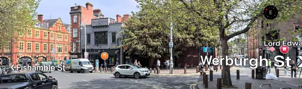 Christchurch, at the junction between Fishamble, Werburgh, Lord Edward streets. Mature trees and interesting or landmark buildings form backdrop. 