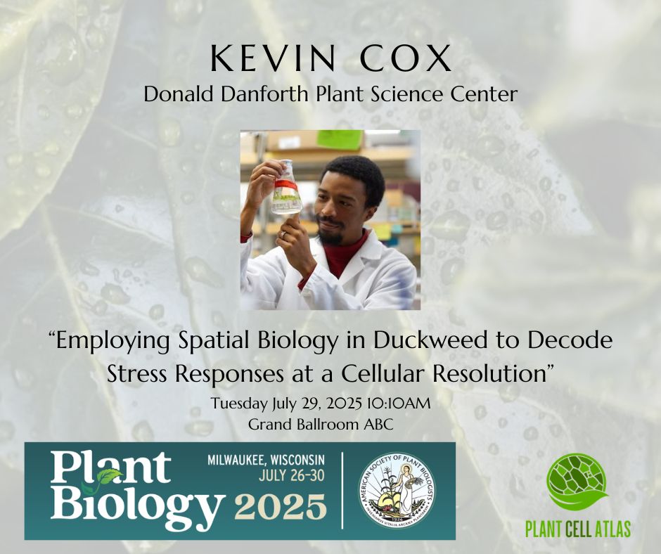 Promotional image with a transparent, leafy green background. The text on the image reads, "Kevin Cox, Donald Danforth Plant Science Center. 'Employing Spatial Biology in Duckweed to Decode Stress Responses at a Cellular Resolution' Tuesday July 29, 2025 10:10AM. Grand Ballroom ABC." The promo also has an image of Kevin, a man in a white labcoat, holding up a beaker as well as the logos for the ASPB Plant Biology Conference and the Plant Cell Atlas.