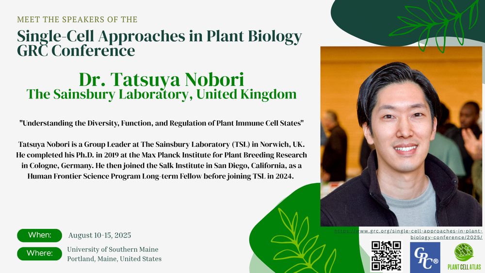 Promotional image for the "Single-Cell Approaches in Plant Biology GRC Conference" focusing on meeting the speakers. This promo includes an image of Dr. Tatsuya Nobori from The Sainsbury Laboratory, UK with a short bio on Dr. Nobori. 