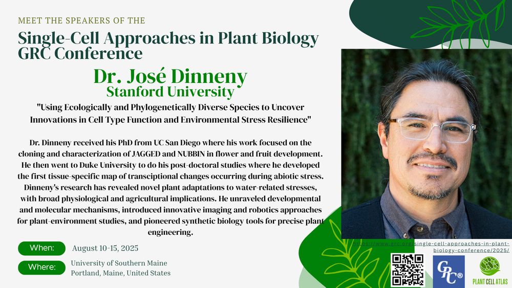 Promotional image for the "Single-Cell Approaches in Plant Biology GRC Conference" focusing on meeting the speakers. This promo includes an image of Dr. Jose Dinneny from Stanford University with a short bio on Dr. Dinneny. 
