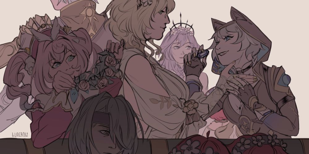 Chrysos heirs squad from the game "Honkai:Star Rail" in rather peacefull and unlikely scenery.
In front there could be seen Anaxa looking somewhere not noticing Hyacine putting a flower wearth on his head. Then there's Cipher showing Aglaea a pretty blue gem. Then not fully seen, but there are present Castorice, Tribbios (all three), Phainon and Mydey's hand on his shoulder.
