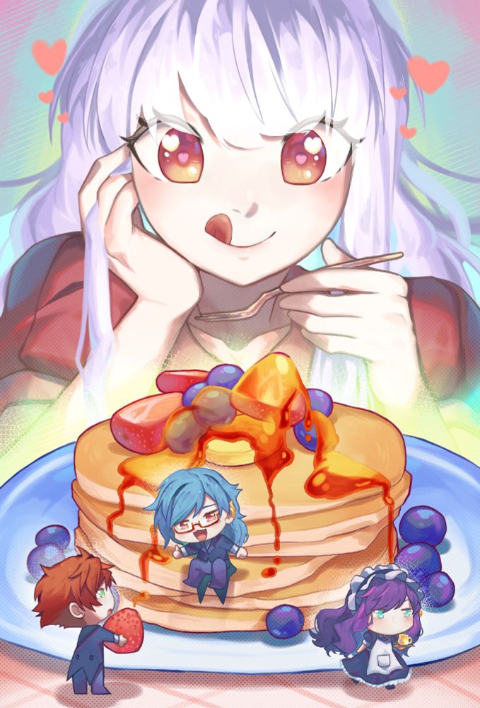 the girl with hair eagerly about to eat the pancake that are made by three tiny chibis