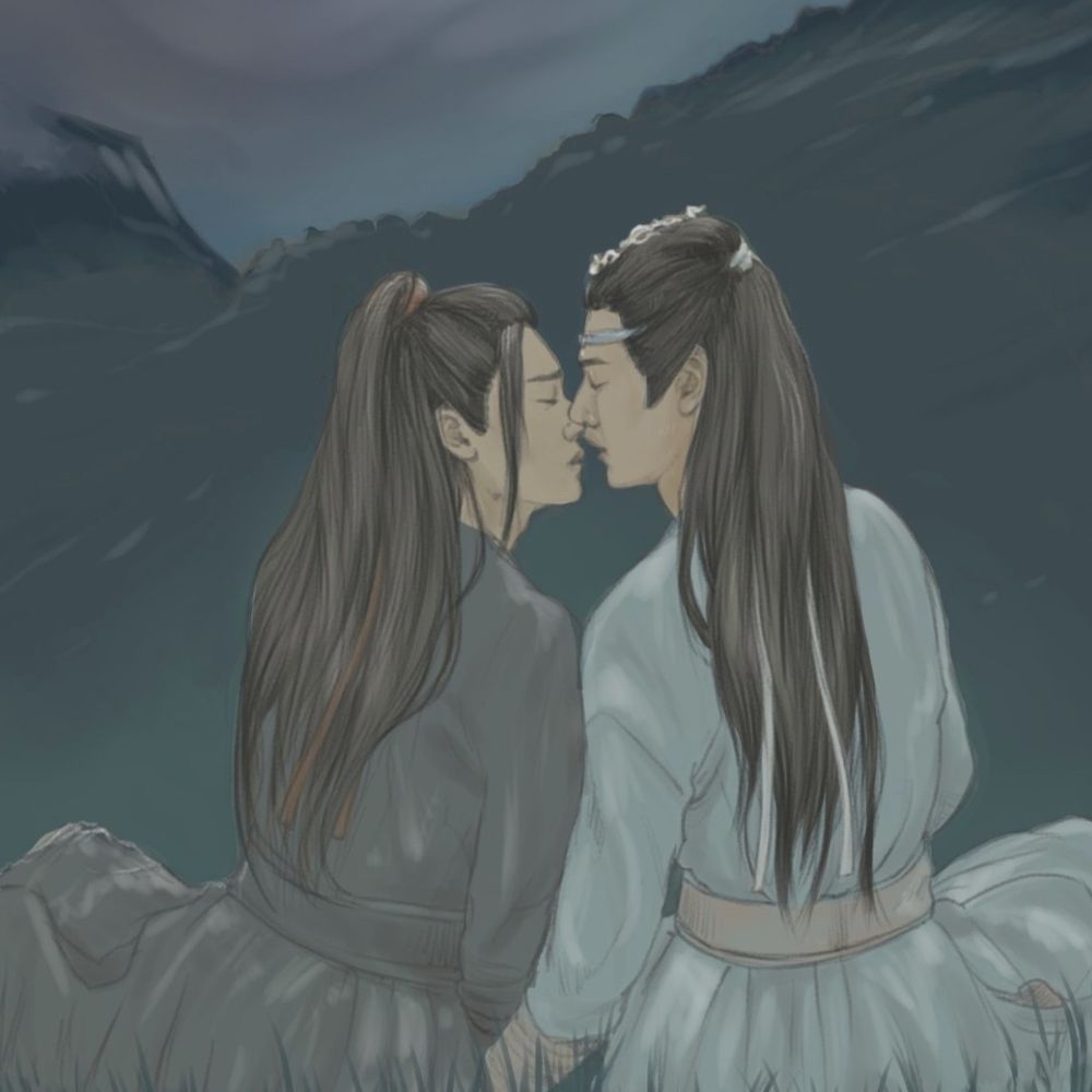 A digital drawing of Wei Wuxian and Lan Wangji sitting with their backs to the viewer, leaning in towards each other on the verge of a kiss. A close-up crop of the previous image.