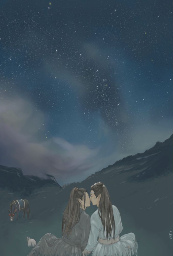A digital drawing of Wei Wuxian and Lan Wangji sitting with their backs to the viewer, leaning in towards each other on the verge of a kiss. In the background, Little Apple grazes on the dark mountainside, and above them is a star-filled sky.