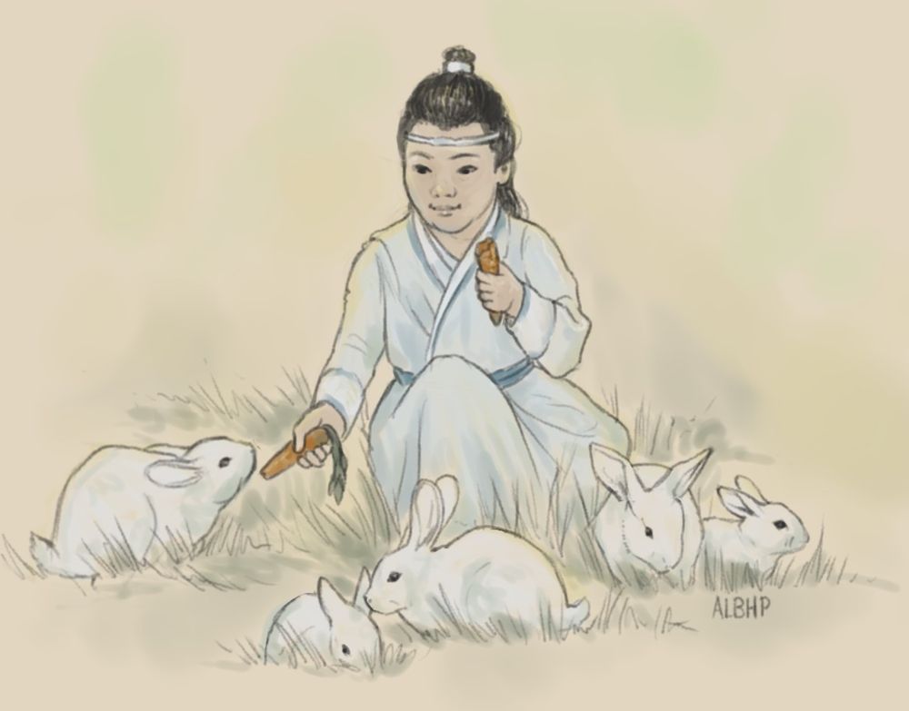 A digital drawing of Lan Sizhui as a young child, dressed in Lan robes, sitting in the grass surrounded by white rabbits. He holds a half eaten carrot in one hand, and offers another carrot to one of the rabbits with the other.
