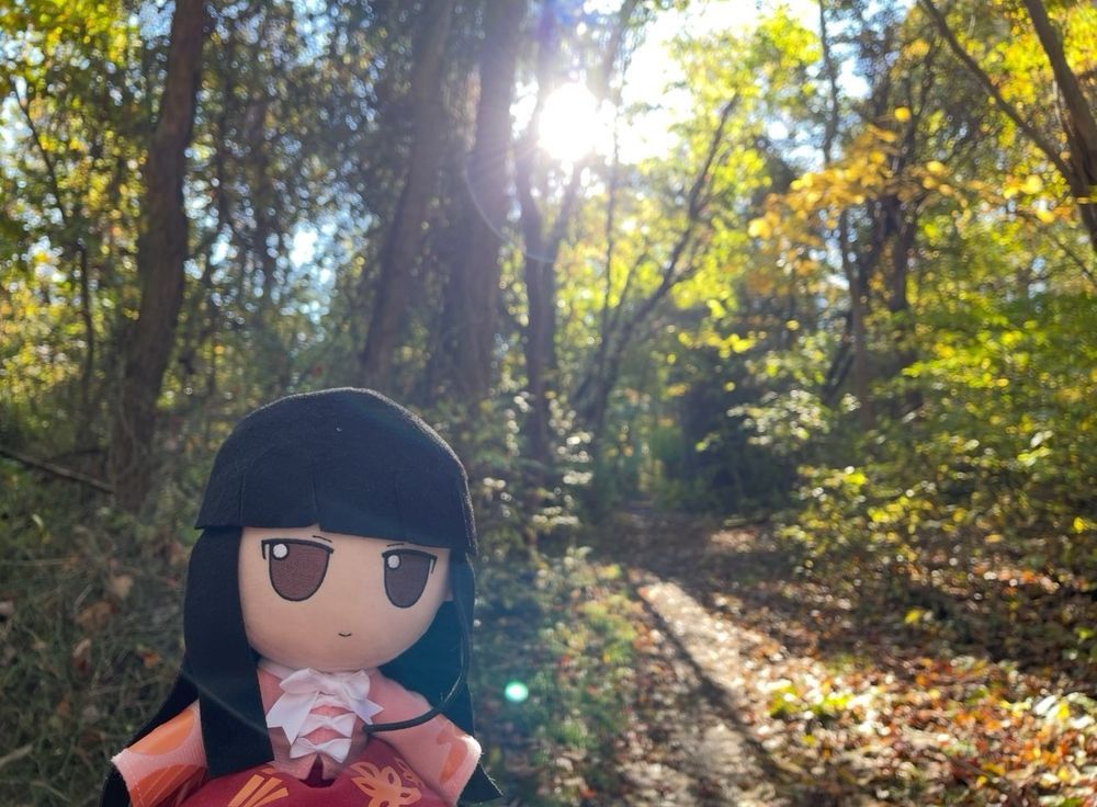 Touhou Kaguya fumo in the woods with a bright sun between the trees
