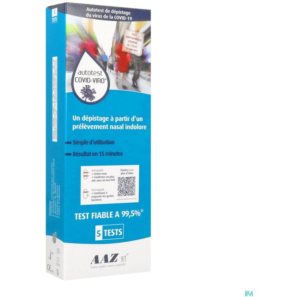 Boîte bleue sur laquelle il est inscrit :

Autotest de dépistage du virus de la COVID-19
autotest COVID-VIRO
Un dépistage à partir d'un prélèvement nasal indolore
- Simple d'utilisation
- Résultat en 15 minutes
TEST FIABLE A 99,5%
5 TESTS
AAZ