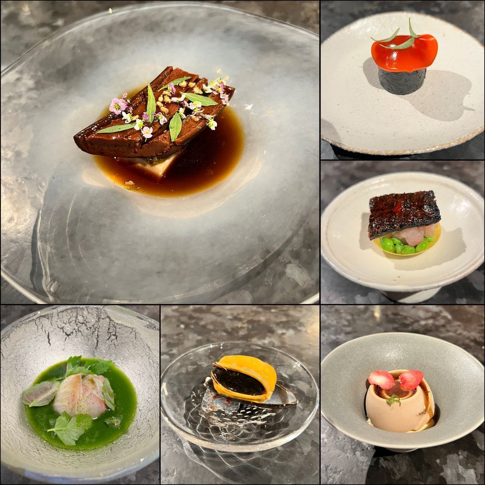 A collage of six meticulously plated dishes from Atomix, a modern Korean fine-dining restaurant. 