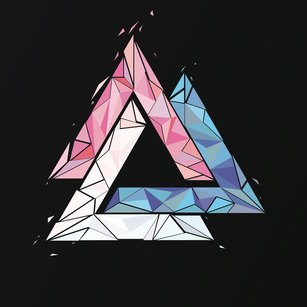 A digital illustration of a Valknut—an old Norse symbol consisting of three interlocking triangles—on a black background. The Valknut is illustrated in such a way that it looks like it’s made of crystalline shards, and the three triangles are colored pink, blue, & white, after the trans pride flag. 