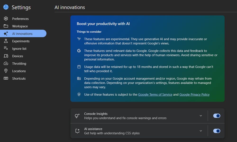 AI Innovations feature in Chrome DevTools has two options. The first is Console Insights, and the second one is AI Assistance. 
