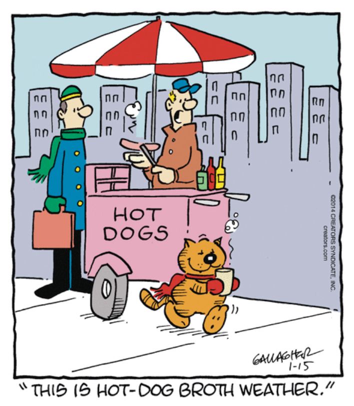 a heathcliff gag comic from january 15, 2014. heathcliff is in the city, wearing red mittens and a red scarf. he is holding a cup with a puff of steam coming out. behind him is a pink hot dog cart with a red and white umbrella. the vendor is putting a hot dog in a bun and speaking to a patron holding a briefcase. 

the caption reads: "this is hot-dog broth weather."