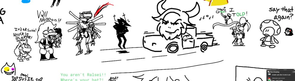 V2 (from ultrakill) is about to get SWOONED (Like tenna) by the roaring knight.
Susie: V2!! NOOOOOO!!!
Kris: *nothing*
Ralsei: It's ok Susie! Knuckle blaster! Good!!
The roaring knight  is caught off Garud and sweating because Bergentrückung ASGORE IS HERE AND HE'S GONNA RUN HER OVER!! The hammer of justice/ Old man / Gerson boom is saying "I told!" (Implying he told asgore to run her over.) Another one is above pointing to undyne wearing gold armor saying, "That's gold!" 

A toad is looking at gerson saying "Say that again?"

Because Told sounds like toad. 

Luigi in the shadows is about to kill toad (from nintendo's mario.)