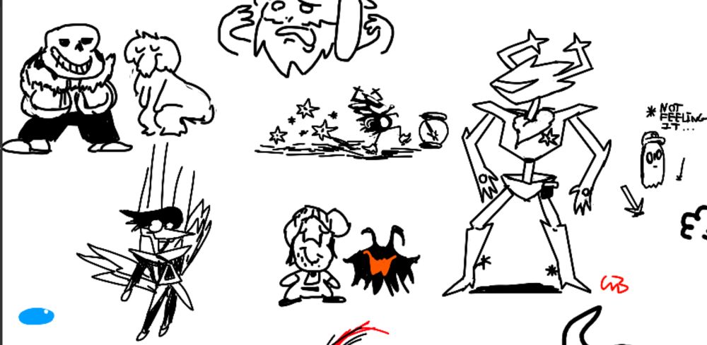 From top left.

Sans and Toriel (twerking), asgore in shock and horror, Shadow the hedgehog as the roaring knight, Sherif woody, nothin wrong there.

Napstablook who wasn't feeling it when undyne was being captured. 

Spamton neo, PIPIS, Ramb (first time drawing him, without a ref i wana draw him moree) and (SHADAOW MANTEL)/ (NIGHT MARE) / (ERAM). 