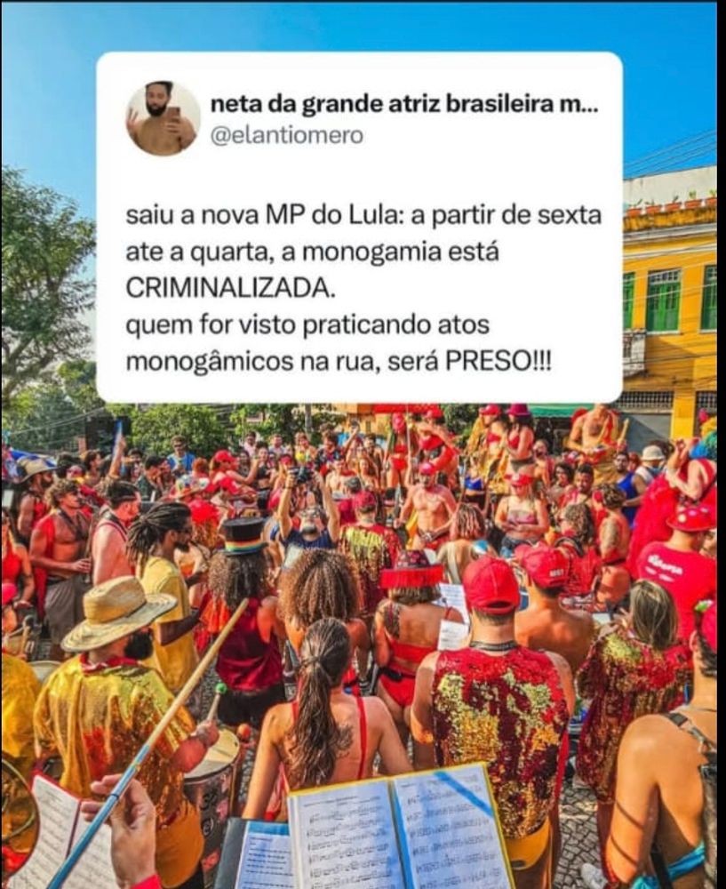 Uma imagem de Carnaval dizendo que Lula lançou uma MP criminalizando a Monogamia no Carnaval
