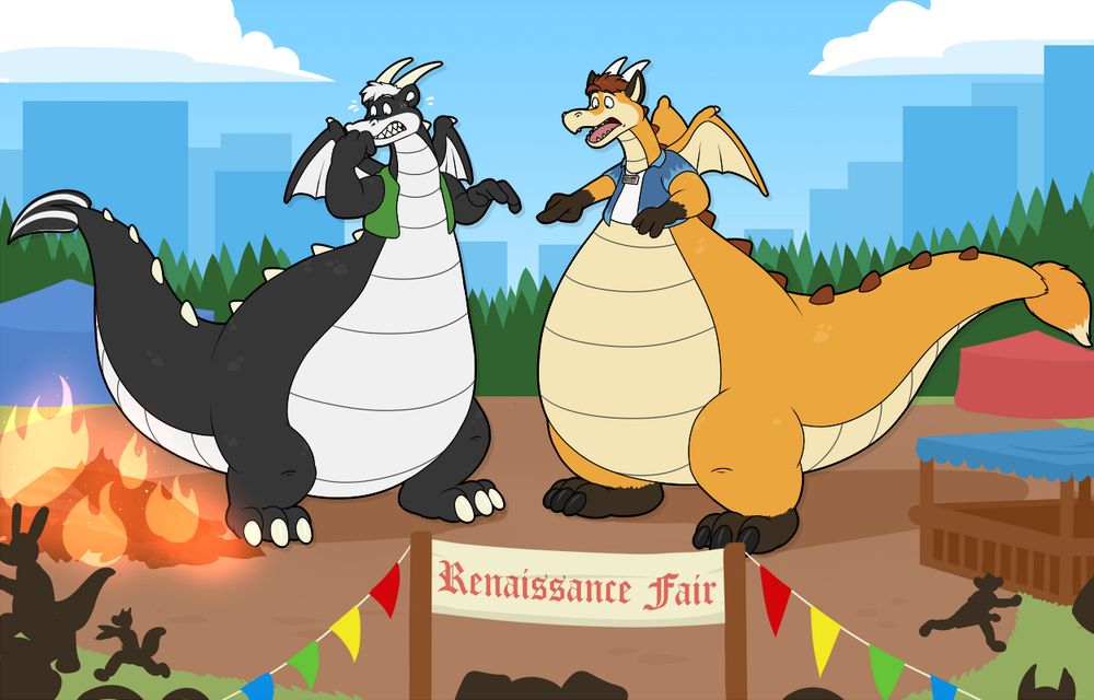 a pair of very large cartoon dragons at a ren faire, too large for their surroundings looking embarrassed 