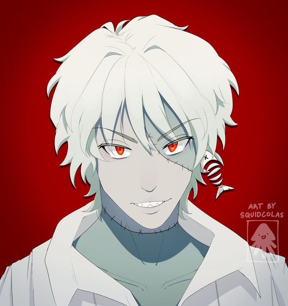 A digital illustration of a Frankenstein/zombie character named Dr. Fishbone. He has white hair and wears a lab coat. He also has an earring of a fish skeleton on his left ear. This was a drawing for the ArtFight event.