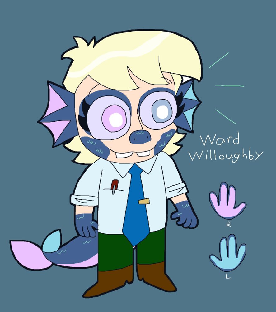 Ward Willoughby from Welcome to Eltingville, with blue fish-like features. He has pale skin with patches of blue scales, platinum blonde hair, prominent buck teeth, and his left eye is blue while his right is pink. He also has blue fin ears and a tail, with details on his right side being pink while details on his left side being a lighter blue. He's wearing a school uniform of sorts with a bluish white shirt, blue tie, green pants, and brown shoes.