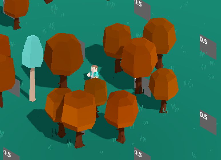 Screenshot of a pixel art video game that has trees in a varying shade of orange.