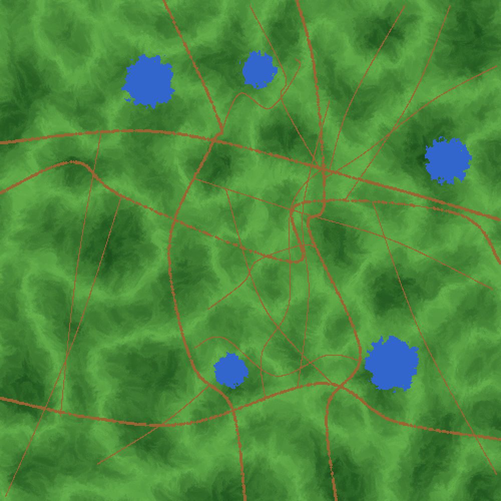 Crude representation of a map with paths and lakes.