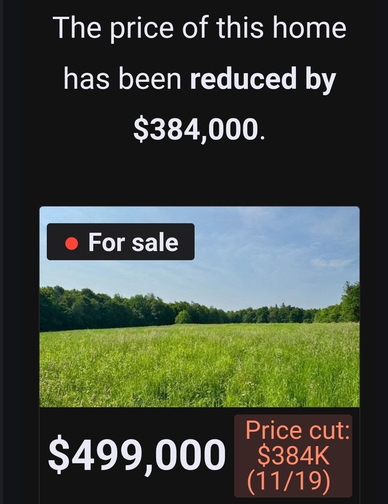 Listing from Zillow announcing a price cut of $384k. It is one of numerous lots left unsold and with substantial price drops as sellers lose market value.