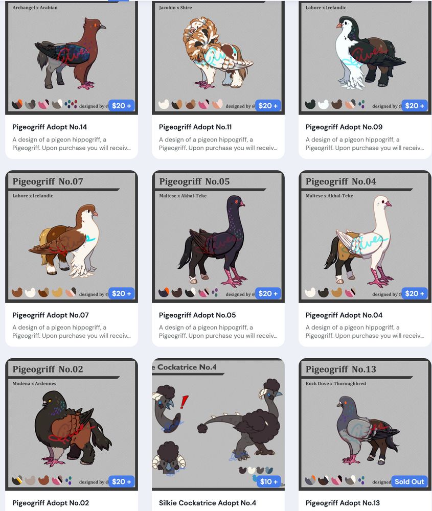 Digital drawings of "pigeogriffs", which are hippogriffs that are part pigeon instead of eagle. There are a variety of pigeon breeds combined with a variety of horse breeds. In the bottom row, there is also a cockatrice that is part silkie chicken.