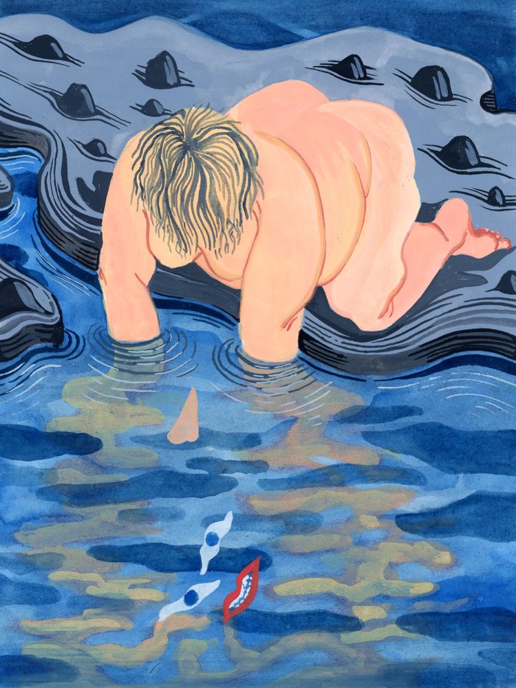 A gouache painting of a naked figure bent over a body of water, trying to fish out elements of a face inside. Their immersed limbs appear distorted, perhaps because of refraction, perhaps because they're dissolving.