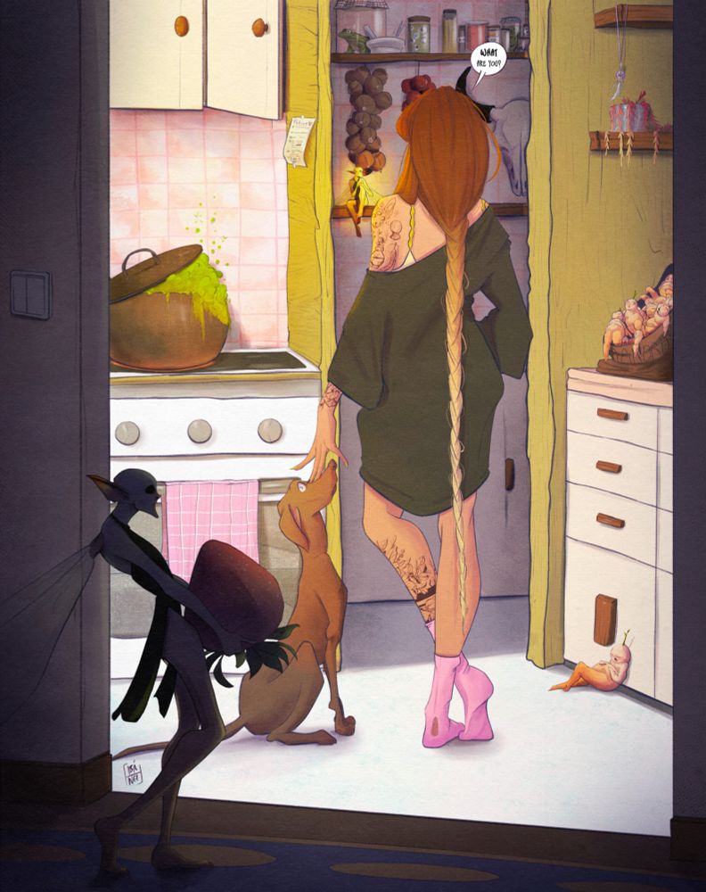Illustration of a witch encountering fairies in her kitchen