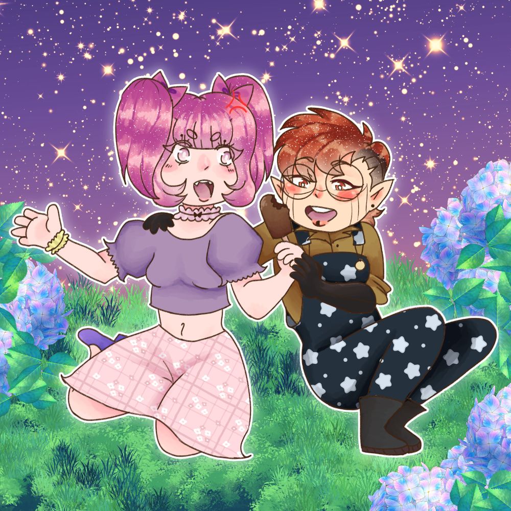 A vivid drawing of my persona, Dini, alongside howyummy's original character, Patch, sharing an icecream.