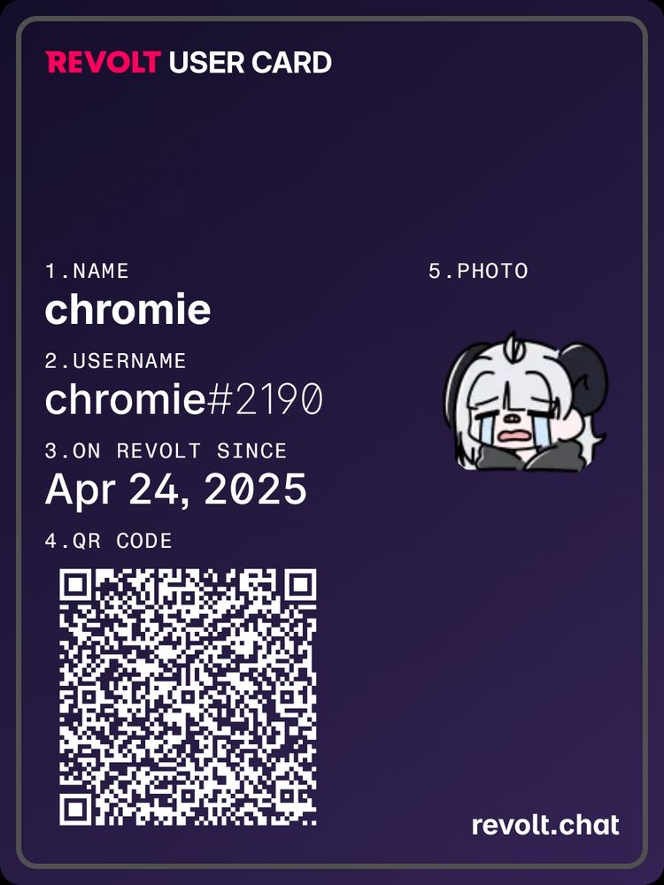 my user card for revolt, it has a big stinkin qr code and my silly face ehehe