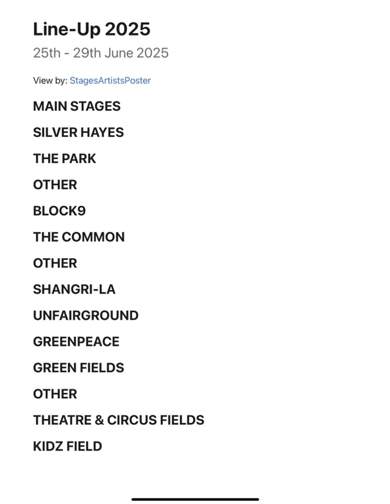 A screenshot of a white screen titled "Line-Up 2025" that only lists the names of Glastonbury's stages as headings.