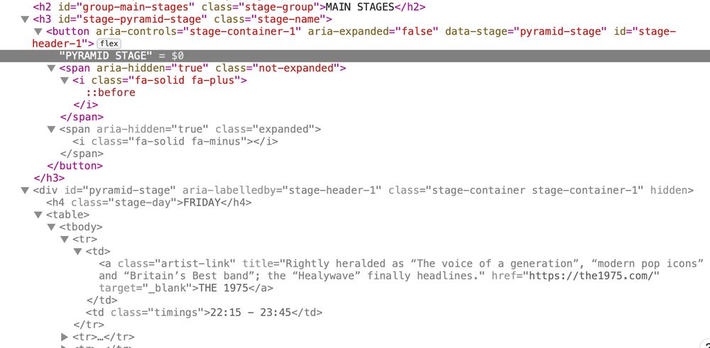 A screenshot of some HTML showing that the Pyramid Stage code does list THE 1975 as the top-billed band on Friday, even though it's not visible on the page.