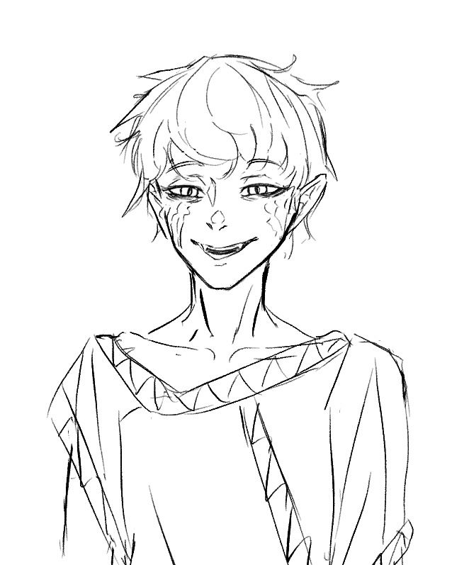 male character with short, somewhat scruffy presumably white hair, pointy ears, looking at the viewer with a smile, eyes only slightly opening and marks or weird looking scars along his cheeks. he is wearing very loose clothes.