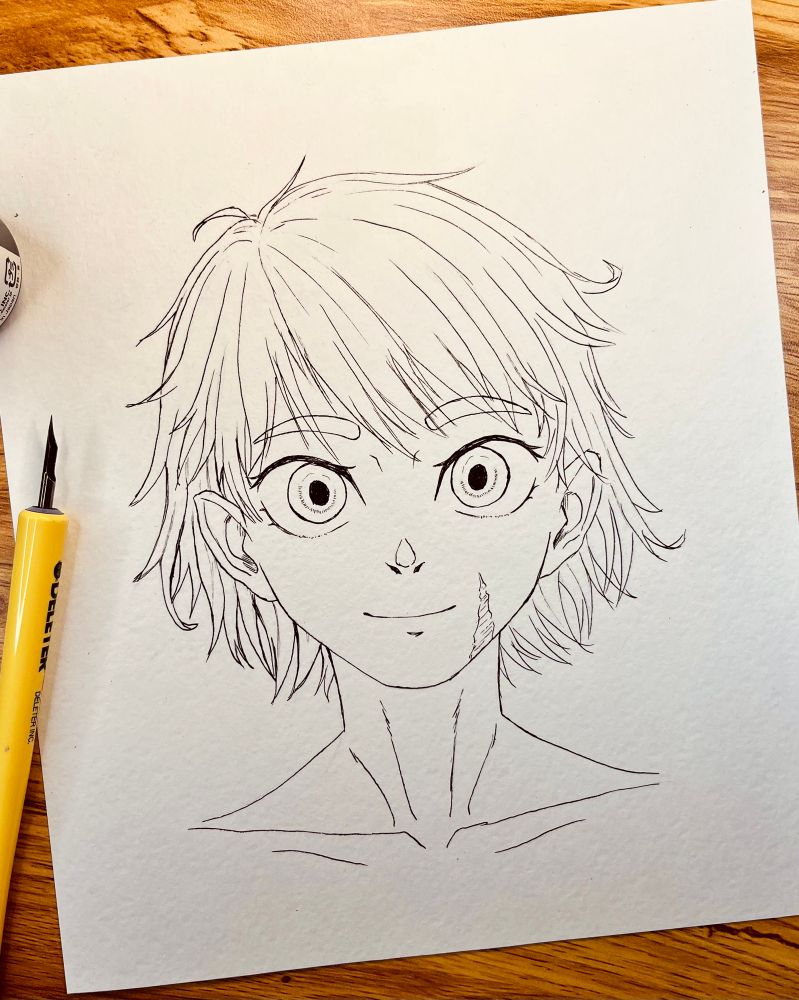 my character camilla head drawing inked with short thin and soft hair