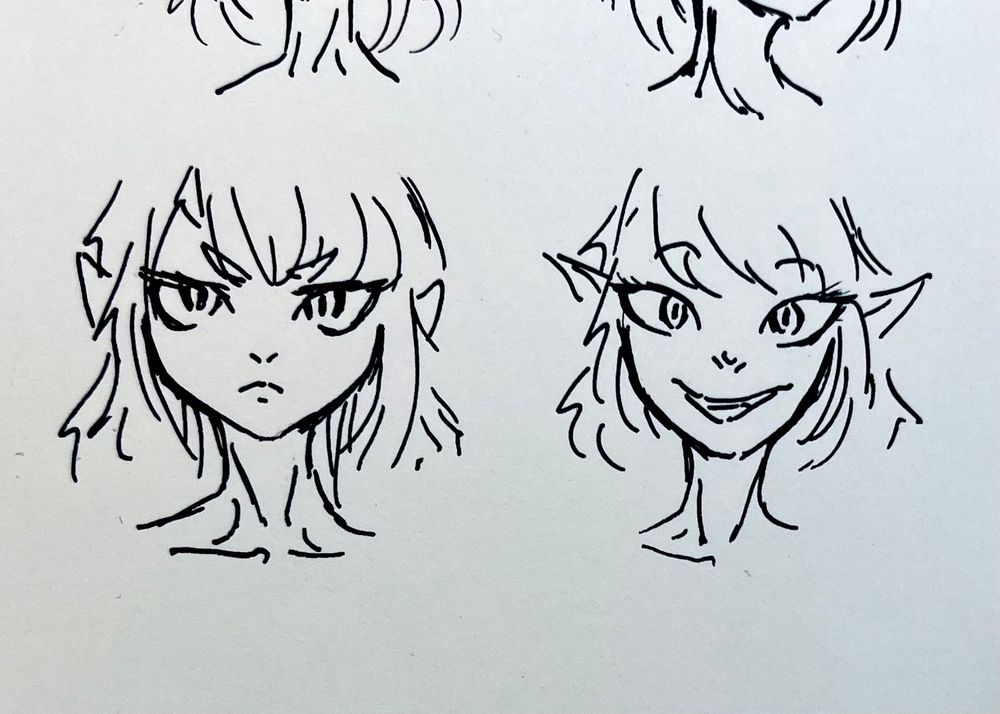 2 female characters head doodles looking at the viewer, both showing similar aspects but adjusted enough to make them look different, the left girls expression is grumpy while the ones on the right is happy.