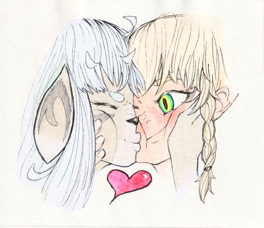 My two characters Vahi and Lily pressing their faces together while Vahi smooches Lily on her cheeks with closed eyes. Colored traditionally with water colors.