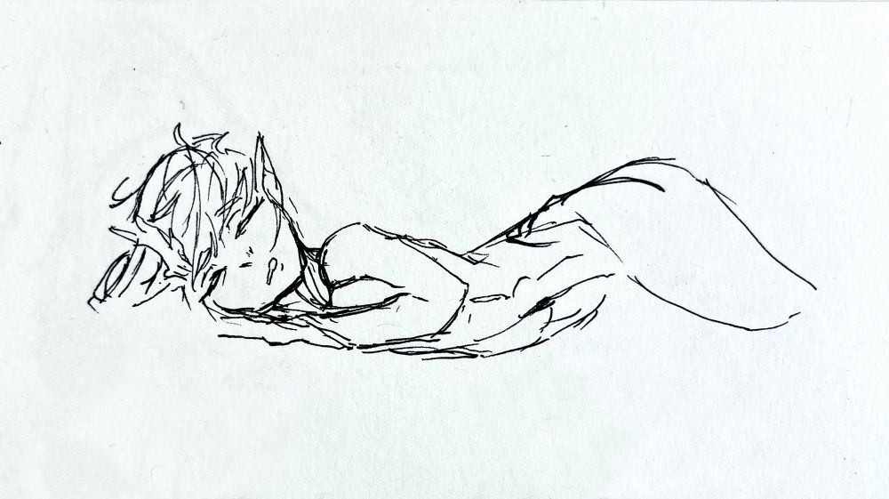 A girl with a horn and pointy ears drooling lightly as she lays asleep on her stomach, her lower body like a screw turning laying sideways.