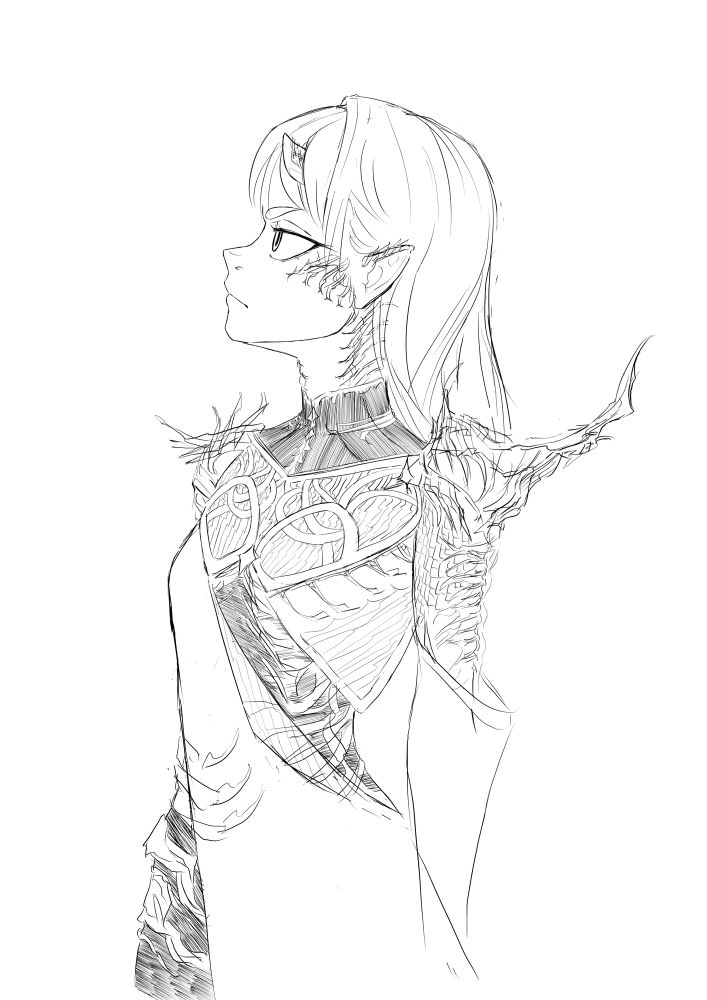 a girl detailed, somewhat futuristic and advanced uniform standing while looking up to the right into the distance
