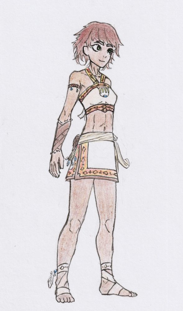 Full body drawing of a young lady from warmer region, slightly brown skin and brown hair, standing there with a short white top and white skirt, different ornaments and patterns on and around the clothes, as well as some extra parts on her arms and feet. She gives off a warm and stable vibe.
