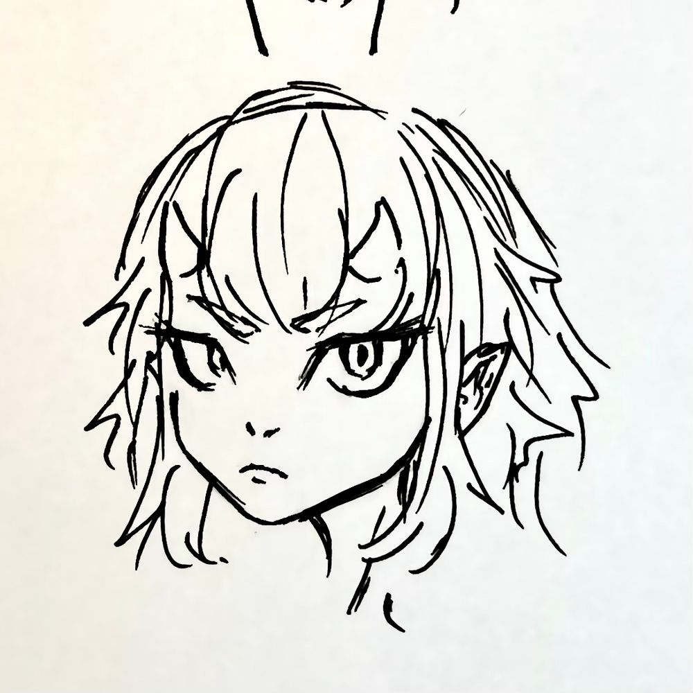 3/4 portrait of a girl with horns, looking at the viewer with a rather unhappy expression.