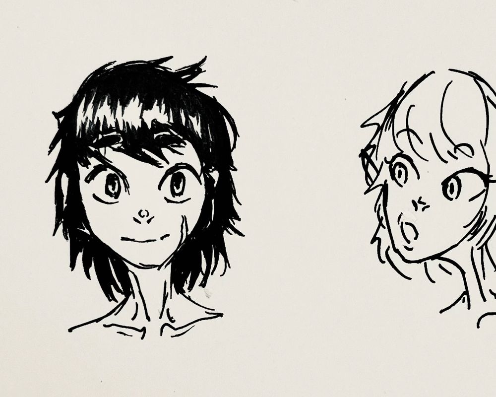On the left a girl with black and scruffy hair smiling lightly at the viewer, on the right my go to oc lily giving a suprised look to the black haired girl.