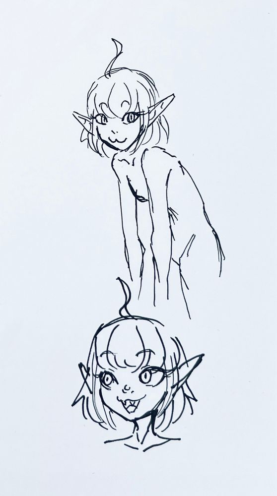 Two small doodles of Lily, on top half body slouched over as she :3 at the viewer, on the bottom a head doodle with a simple expression of joy while looking at something.