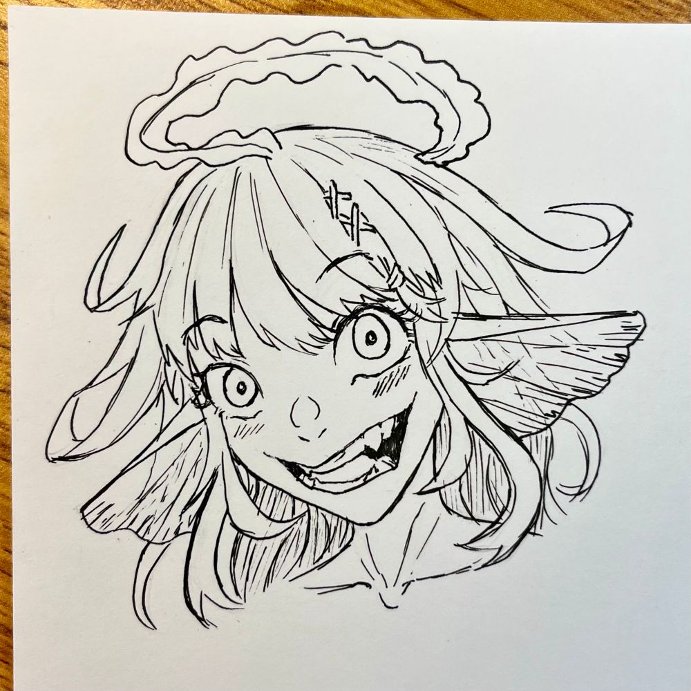 head drawing of a water creature girl with flowing hair and a big smile
