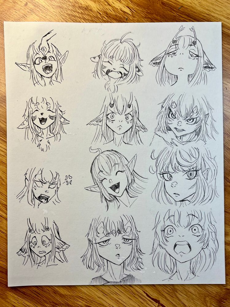 12 different head drawings showing different facial expressions, some characters being drawn multiple times