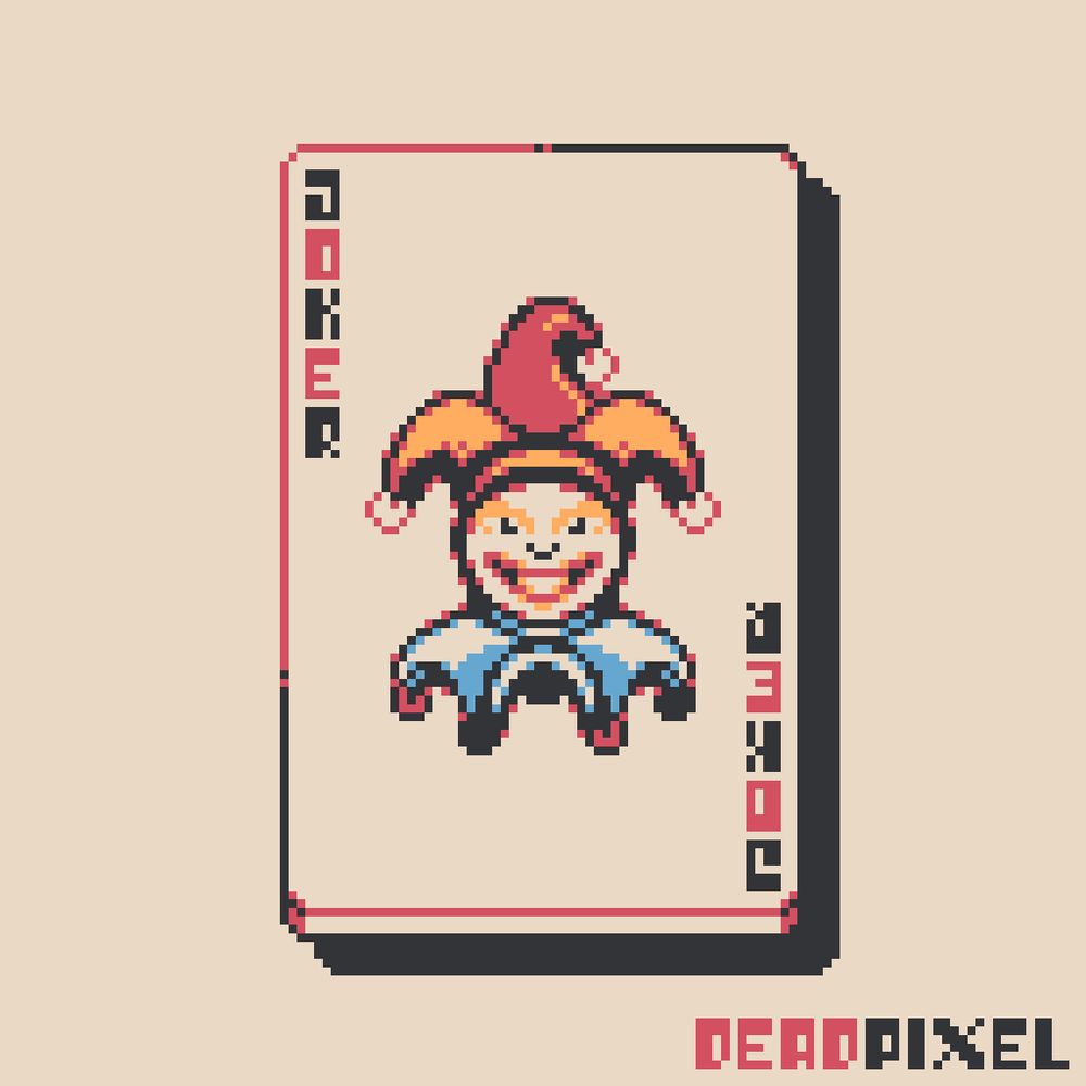 The Joker card from Balatro, in vintage, low-saturated pixel art