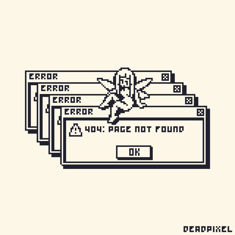 Pixel art of an error window with a fairy sitting on top of it, in two colors

