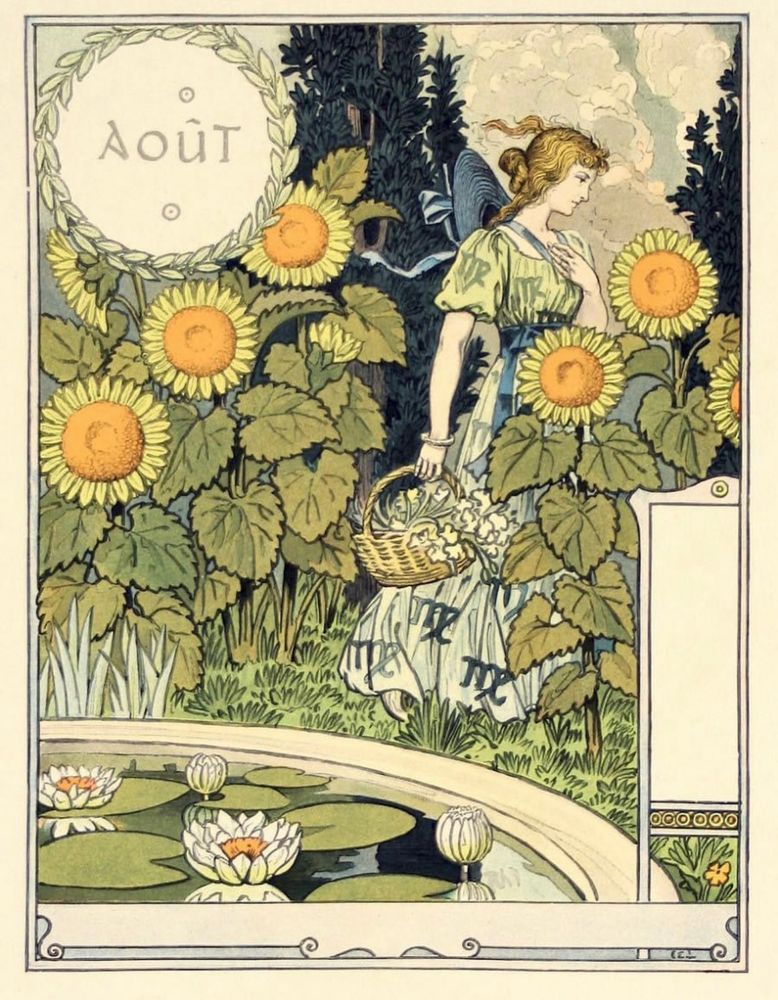 A French calendar showing sunflowers and the word Aout for August. 