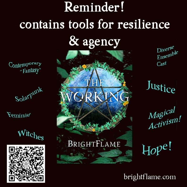 "Reminder! contains tools for resilience & agency" atop image of book cover. Words surround: Hope! Justice, Magical Activism, Solarpunk...